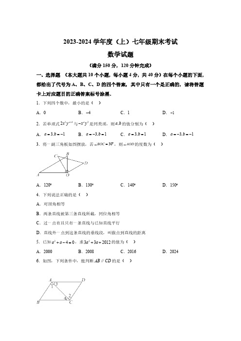 重庆市九龙坡区重庆实验外国语学校2023-2024学年七年级上学期期末数学试题(含解析)