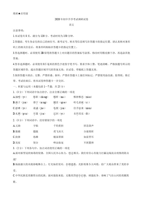 内蒙古包头市2020届九年级初中升学考试调研试卷语文试题