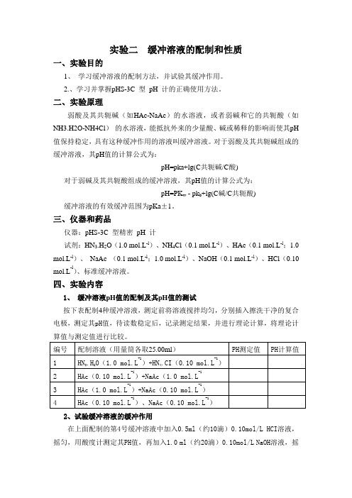 实验二  缓冲溶液的配制和性质