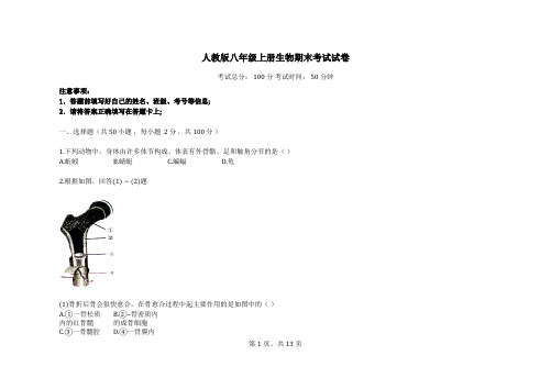 人教版八年级上册生物期末考试试卷 (含答案)