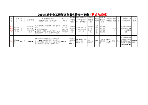 2014土建专业职称评审报名情况一览表(格式与示例)