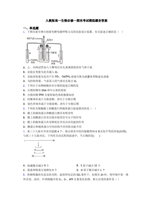 人教版高一生物必修一期末考试模拟题含答案