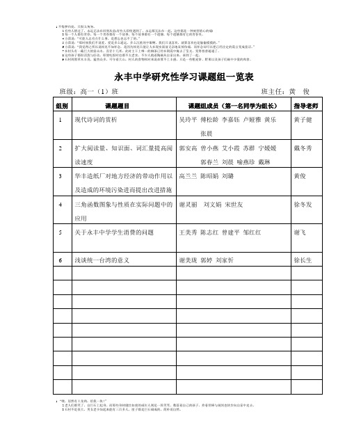 永丰中学研究性学习课题组一览表