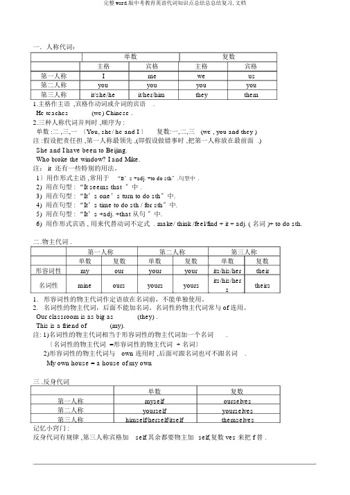 完整word版中考教育英语代词知识点总结总总结复习,文档