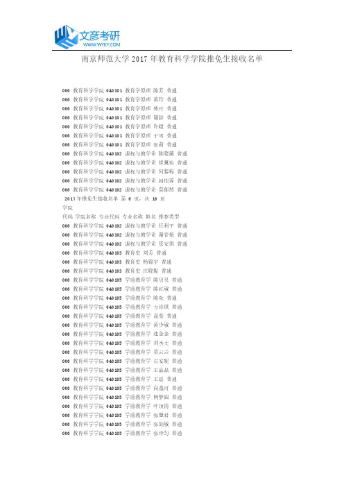 南京师范大学2017年教育科学学院推免生接收名单