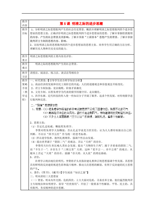 (岳麓版)大赛获奖教案 第5课 明清之际的进步思潮教案 岳麓版必修3