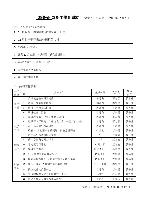 教务处双周工作计划表