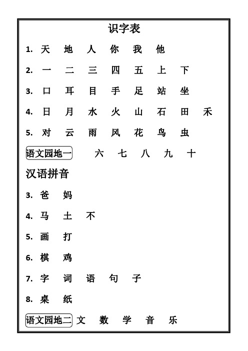 (完整)一年级上册语文生字表