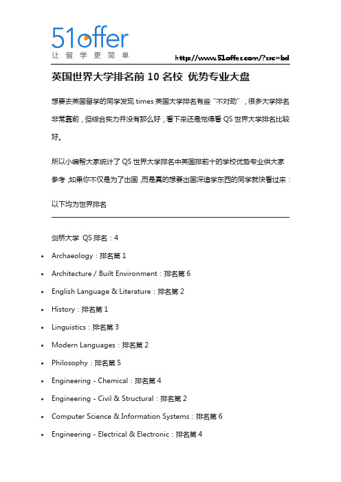 英国世界大学排名前10名校 优势专业大盘