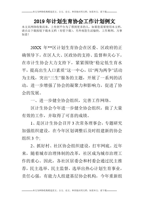 2019年计划生育协会工作计划例文