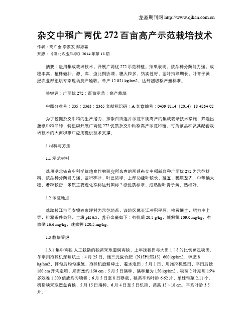 杂交中稻广两优272百亩高产示范栽培技术