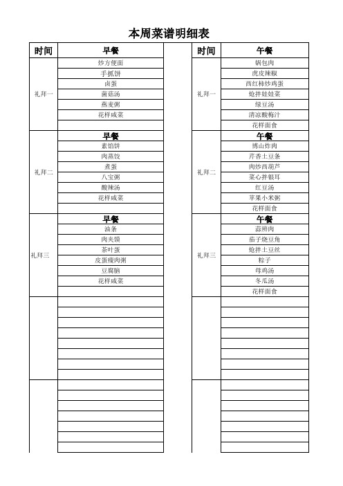 食堂菜谱明细表