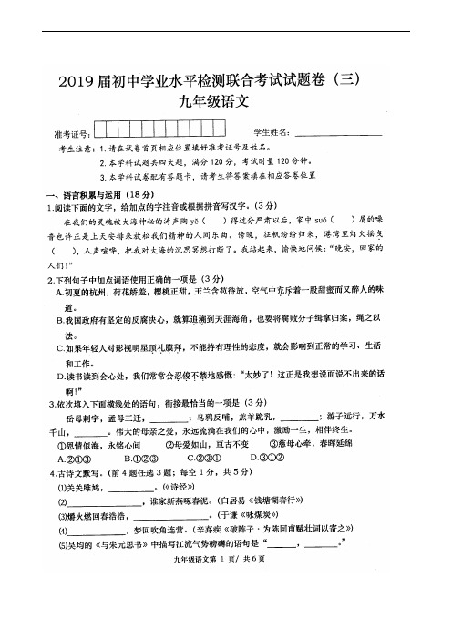 湖南省澧县2019届九年级下学期初中学业水平检测联合考试(三)语文试题(扫描版)