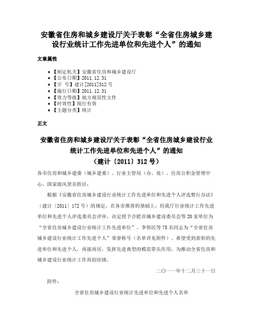 安徽省住房和城乡建设厅关于表彰“全省住房城乡建设行业统计工作先进单位和先进个人”的通知