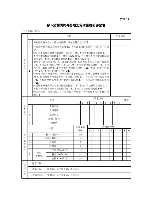 穿斗式柱类构件分项工程项目质量检验评定表