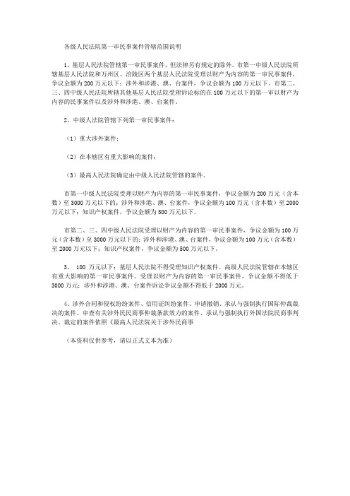 各级人民法院第一审民事案件管辖范围说明