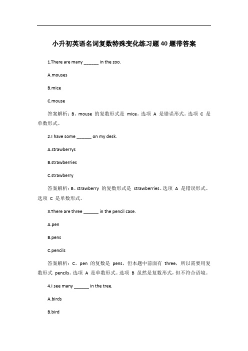 小升初英语名词复数特殊变化练习题40题带答案