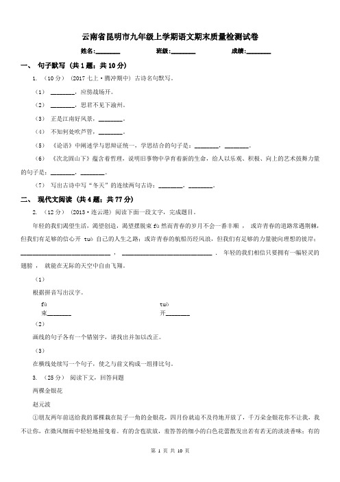 云南省昆明市九年级上学期语文期末质量检测试卷