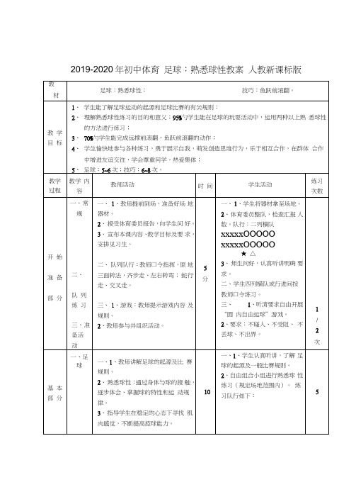 2019-2020年初中体育足球：熟悉球性教案人教新课标版