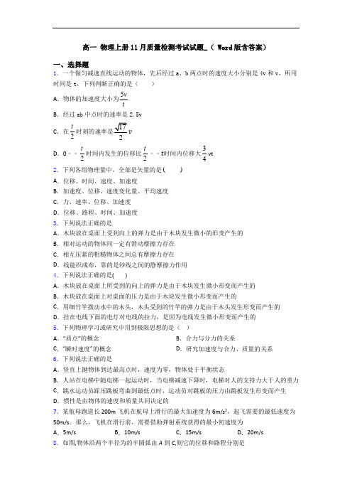 高一 物理上册11月质量检测考试试题_( Word版含答案)