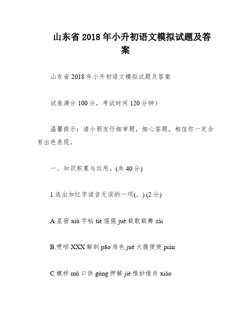 山东省2018年小升初语文模拟试题及答案