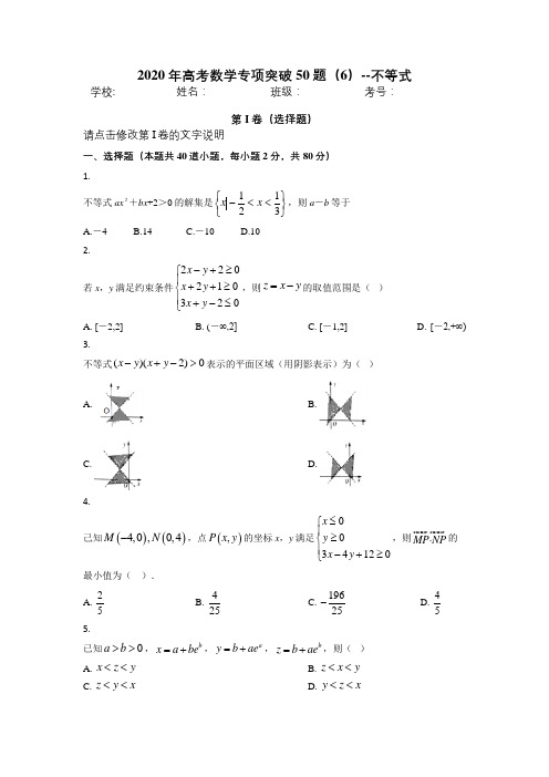 2020年高考数学专项突破50题(6)--不等式【含答案解析】