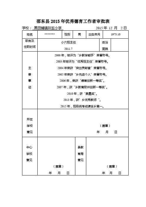 邵东县2015年优秀德育工作者审批表