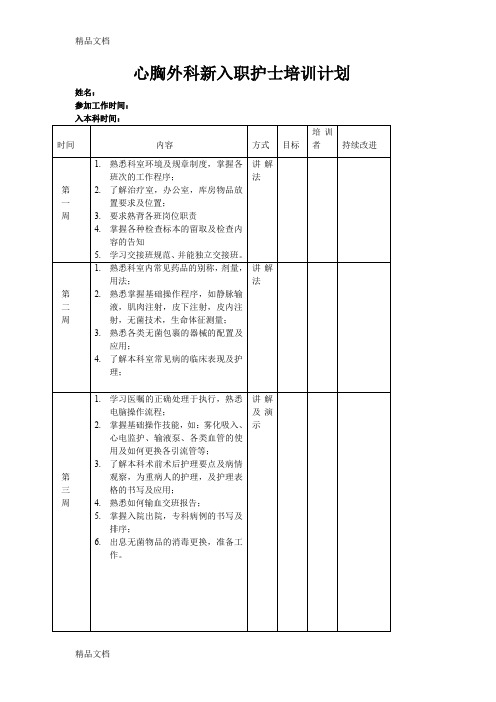 最新心胸外科轮转护士培训表格