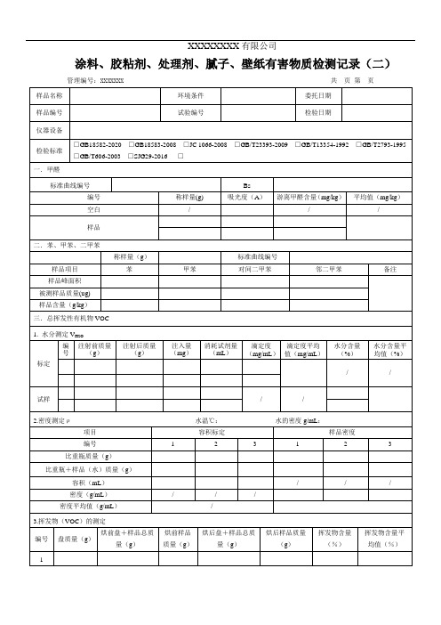 涂料、胶粘剂、处理剂、腻子、壁纸有害物质检测原始记录(二)(2020.12.01启用)