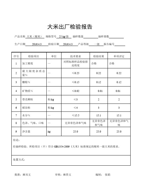 大米出厂检验报告原始记录