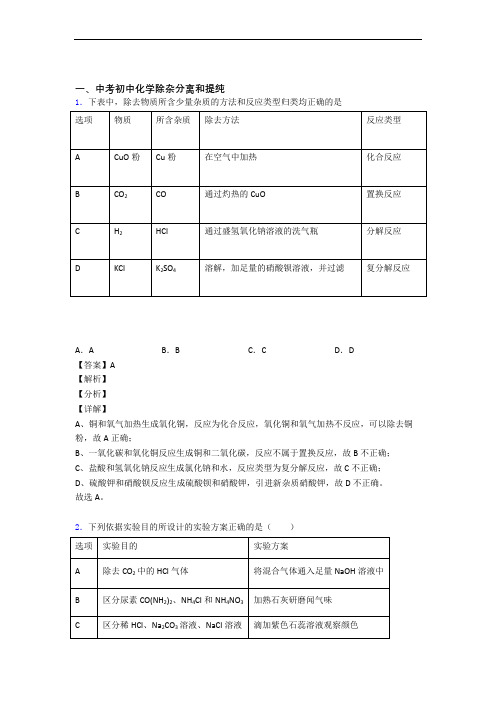 中考化学专题题库∶除杂分离和提纯的综合题附答案解析