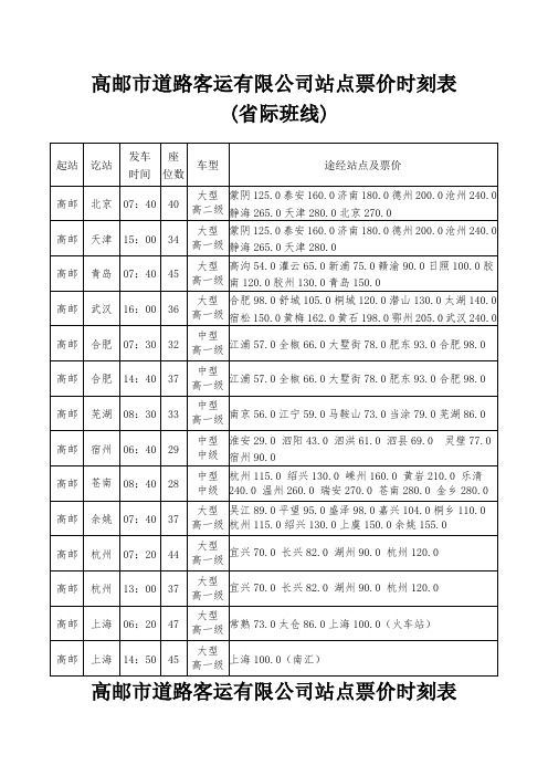 高邮市汽车客运站班次时刻表