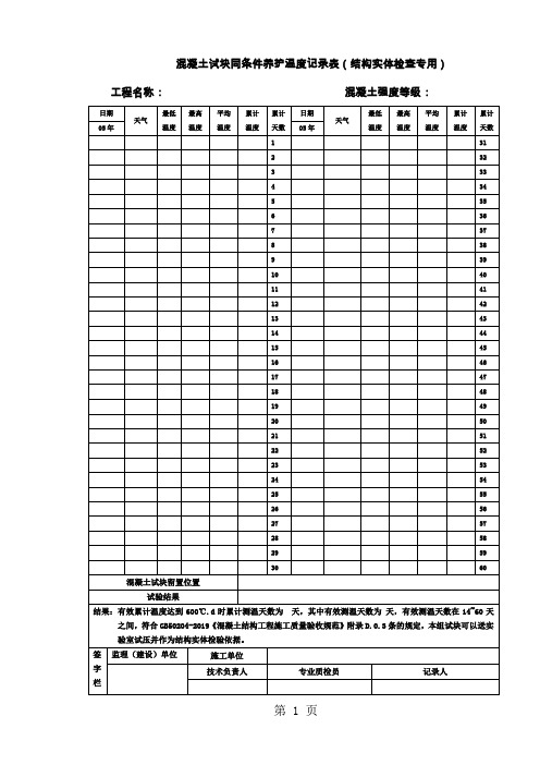 混凝土试块同条件养护温度记录表(结构实体检查专用)20页word