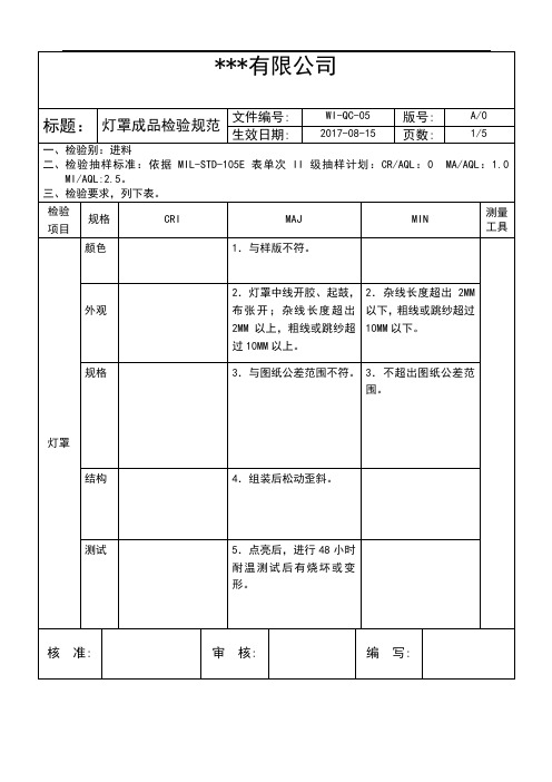 WI-QC-05灯罩、电线检验标准--灯具类-品质控制-作业文件-三级文件