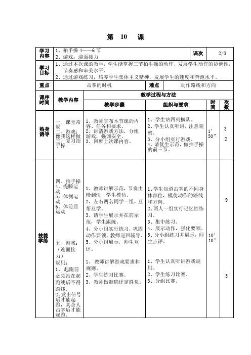 1、拍手操4——6节2、游戏：迎面接力 