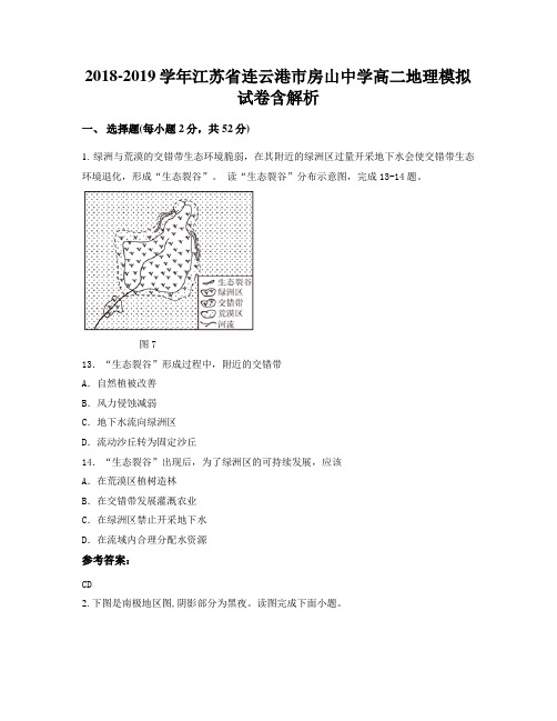 2018-2019学年江苏省连云港市房山中学高二地理模拟试卷含解析