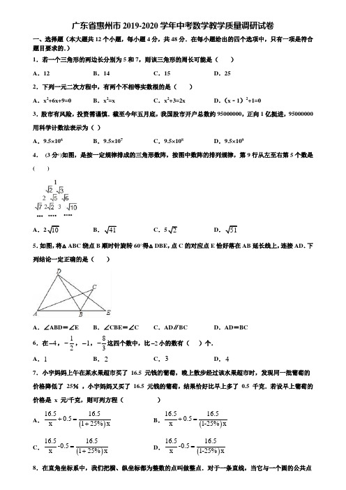 广东省惠州市2019-2020学年中考数学教学质量调研试卷含解析