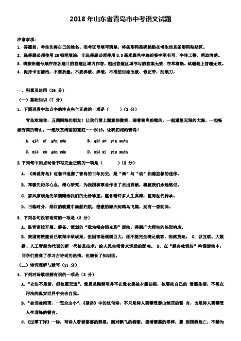 2018年山东省青岛市中考语文试题+(精选5套各地中考模拟卷)