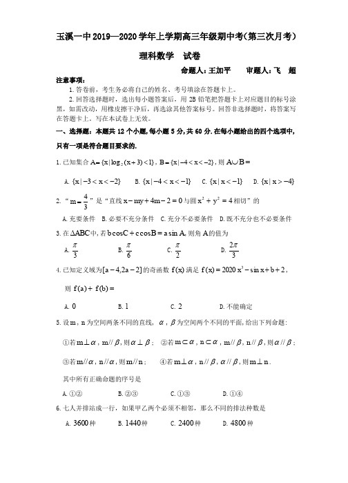 玉溪一中2019—2020学年上学期高三年级期中考(第三次月考)(试卷)