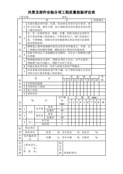 空调安装验收风管及部件安装分项工程质量检验评定表(标准版)