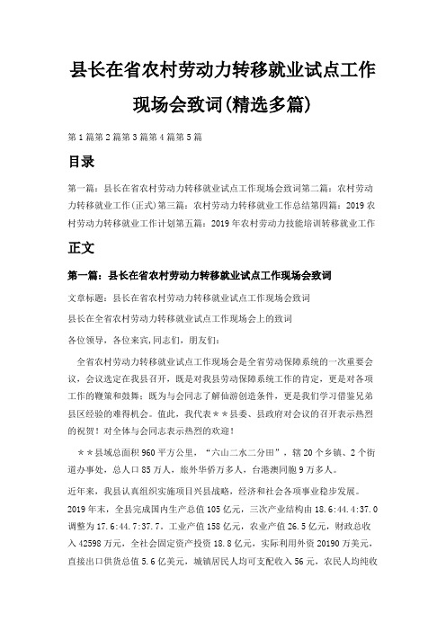 最新-县长在省农村劳动力转移就业试点工作现场会致词(精选多篇) 精品