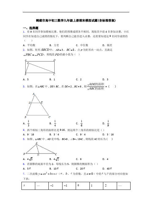 鹤壁市高中初三数学九年级上册期末模拟试题(含标准答案)