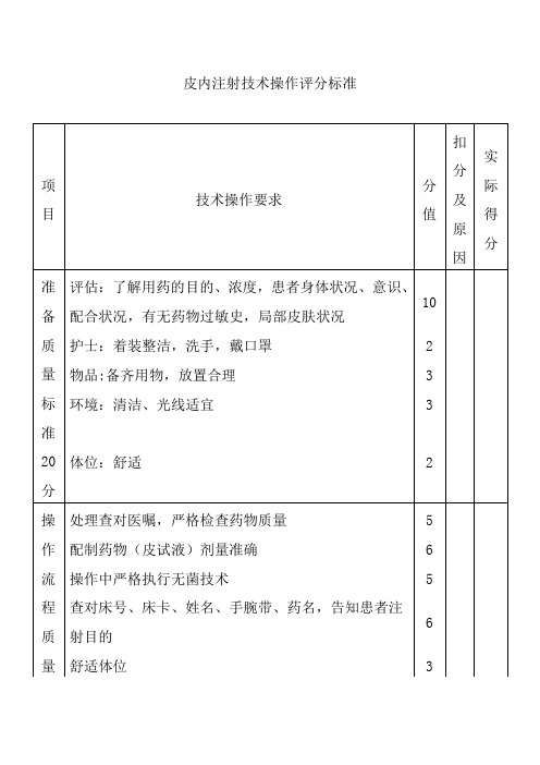 皮内注射技术操作评分标准