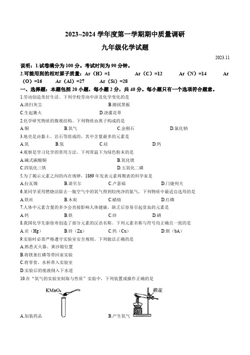 江苏省常州市2023-2024学年九年级上学期期中化学试题(含答案)