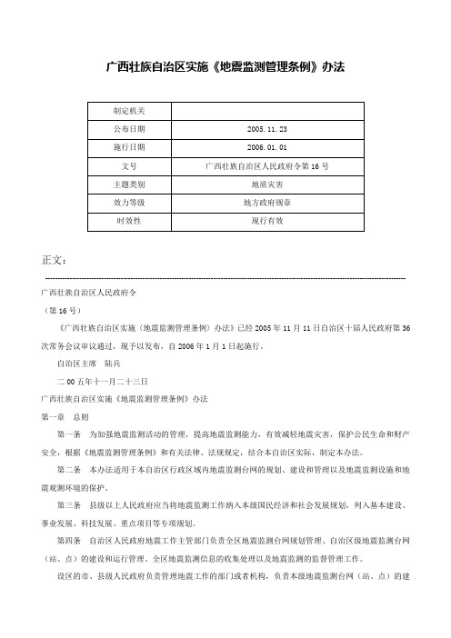 广西壮族自治区实施《地震监测管理条例》办法-广西壮族自治区人民政府令第16号