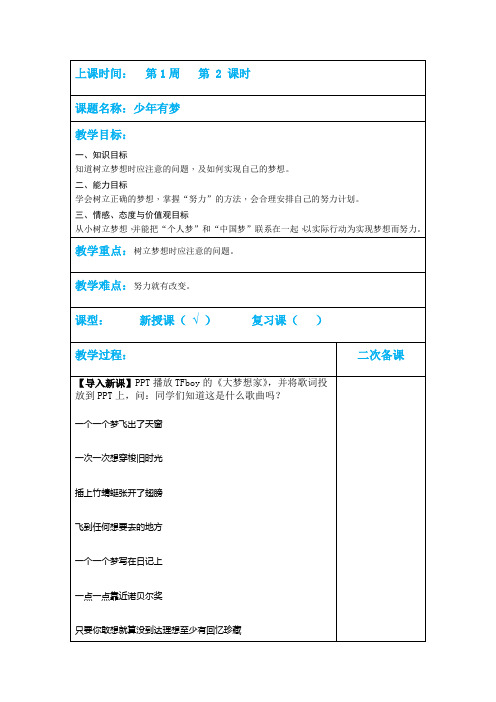 人教版道德与法治七年级上册 1.2 少年有梦 教案设计