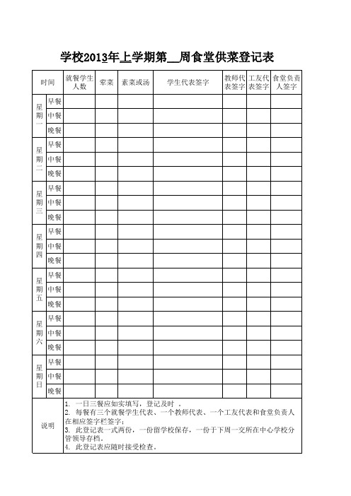 学校每周食堂供菜登记表