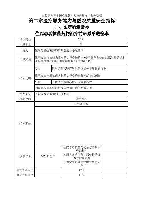 第二 章医疗服务能力与医院质量安全指标二、住院患者抗菌药物治疗前病原学送检率医疗质量指标