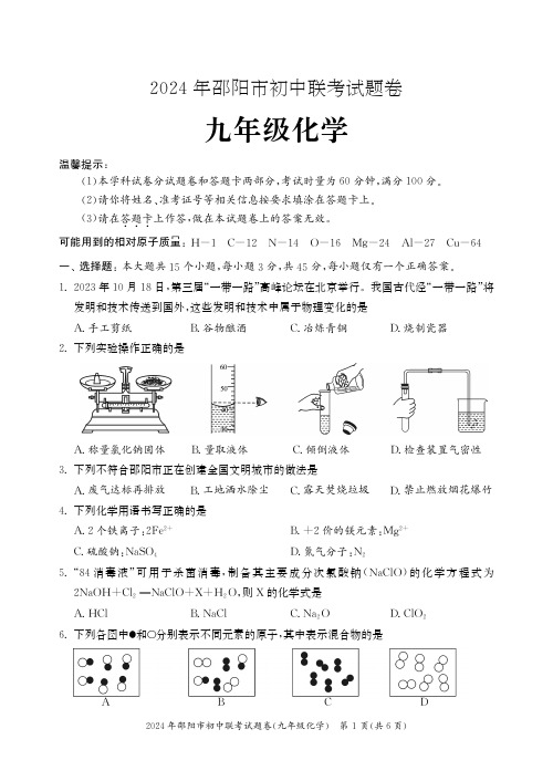 2024年邵阳市初中联考九年级化学试卷