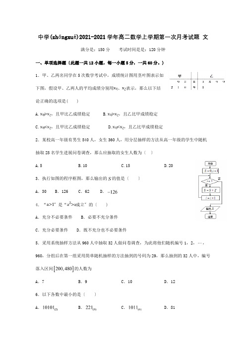 高二数学上学期第一次月考试题 文 (2)(共16页)